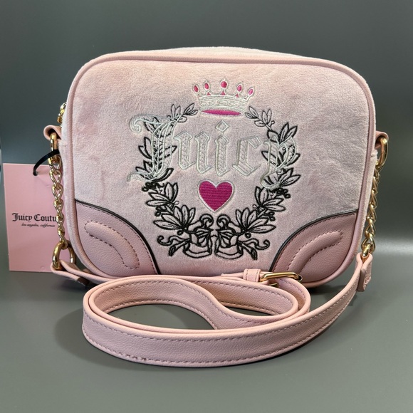 Juicy Couture Pink Diamond Heritage Crossbody Velour Embroidered Logo Bag - Picture 2 of 7
